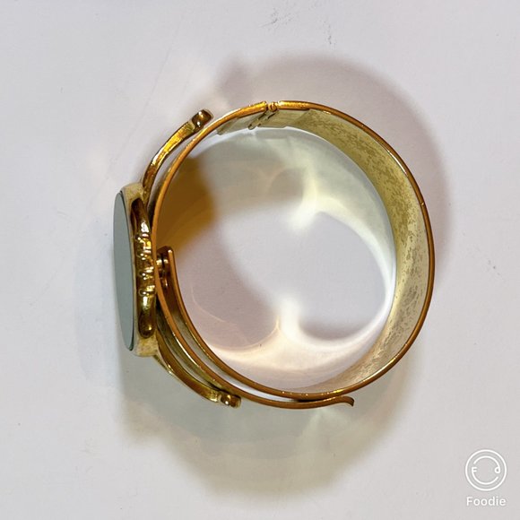 Estate Brass Cuff Hinged Bangle with Big Bold Green Goldstone — Excellent Used - Picture 11 of 13